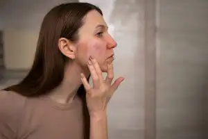 Woman checking her skin for rosacea – dermatology care for sensitive skin in Dubai